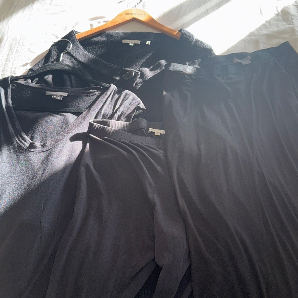 Vince black long skirt, black leggings, black long tank and sweater. Size M